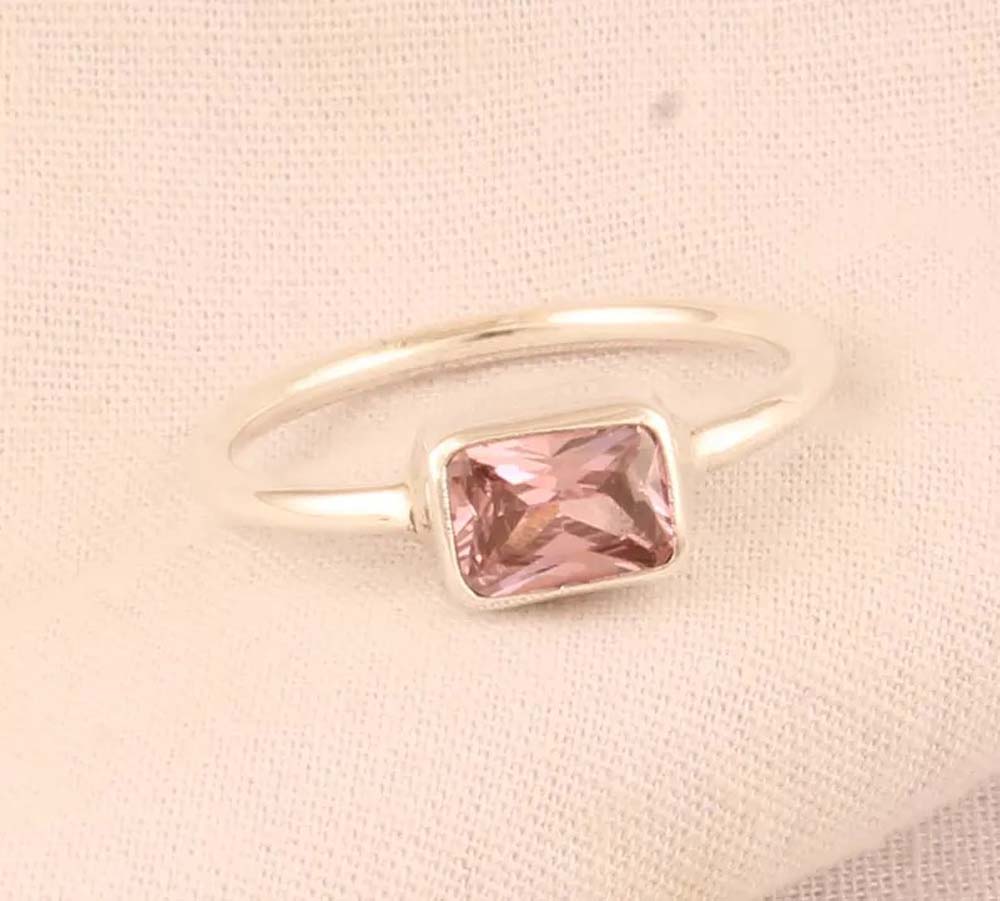 Pink Quartz Gems Rectangle Shape Rings 8To10MM Handmade Sterling Silver Ring Bezel Set  For Anniversary Gift Women or Men Jewelry For Her