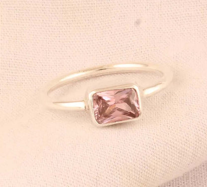 Pink Quartz Gems Rectangle Shape Rings 8To10MM Handmade Sterling Silver Ring Bezel Set  For Anniversary Gift Women or Men Jewelry For Her