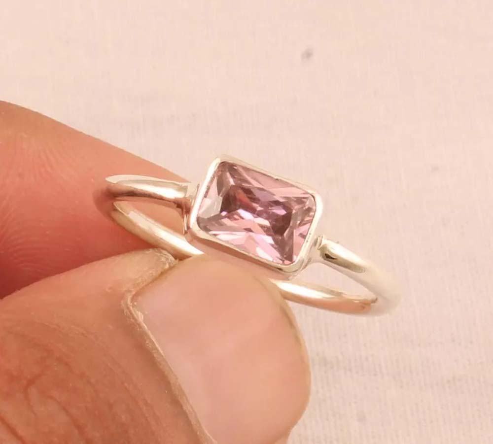 Pink Quartz Gems Rectangle Shape Rings 8To10MM Handmade Sterling Silver Ring Bezel Set  For Anniversary Gift Women or Men Jewelry For Her
