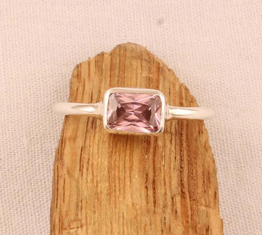 Pink Quartz Gems Rectangle Shape Rings 8To10MM Handmade Sterling Silver Ring Bezel Set  For Anniversary Gift Women or Men Jewelry For Her
