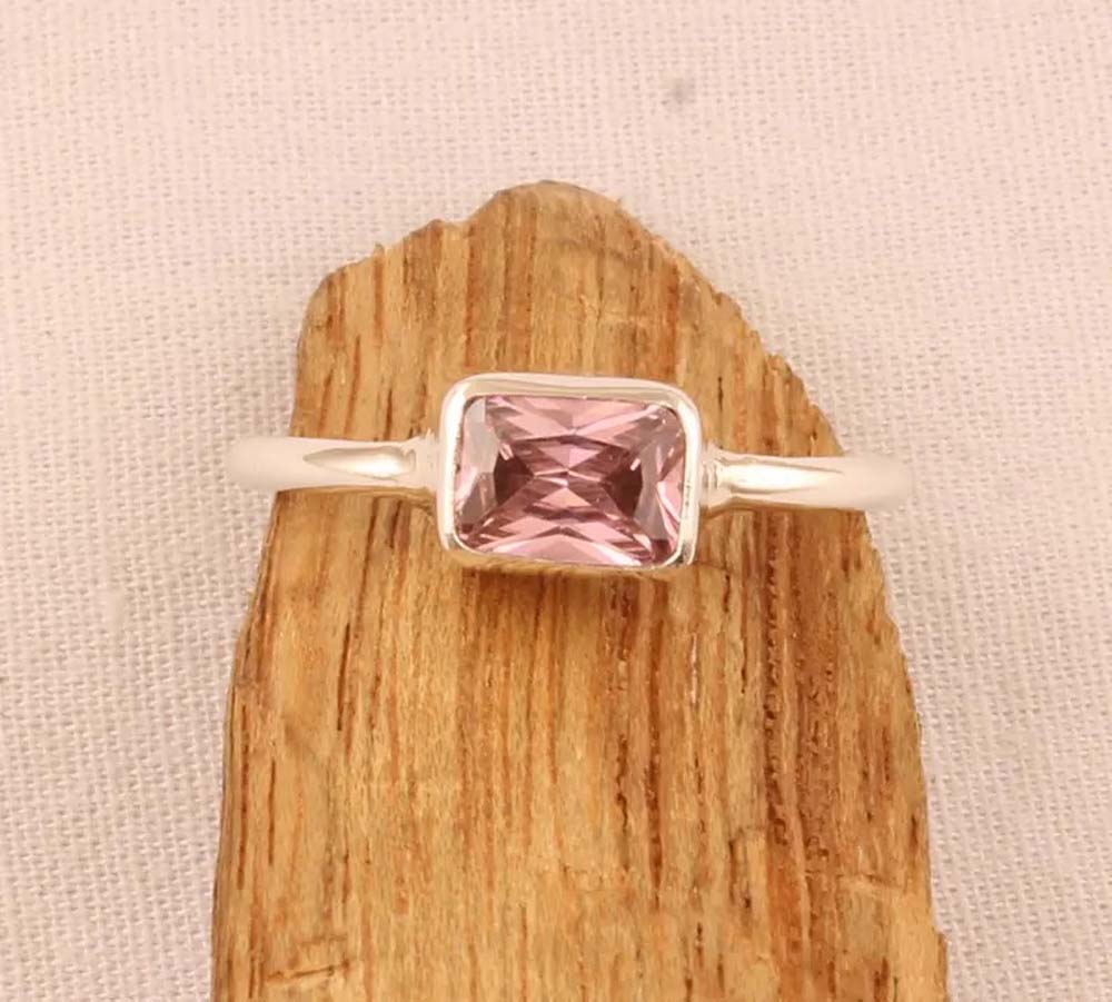 Pink Quartz Gems Rectangle Shape Rings 8To10MM Handmade Sterling Silver Ring Bezel Set  For Anniversary Gift Women or Men Jewelry For Her