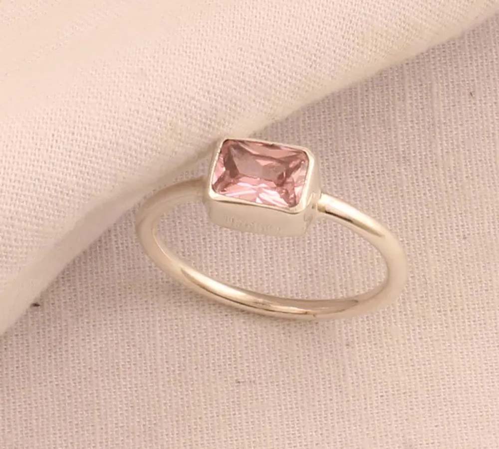 Pink Quartz Gems Rectangle Shape Rings 8To10MM Handmade Sterling Silver Ring Bezel Set  For Anniversary Gift Women or Men Jewelry For Her