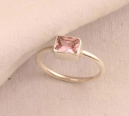 Pink Quartz Gems Rectangle Shape Rings 8To10MM Handmade Sterling Silver Ring Bezel Set  For Anniversary Gift Women or Men Jewelry For Her