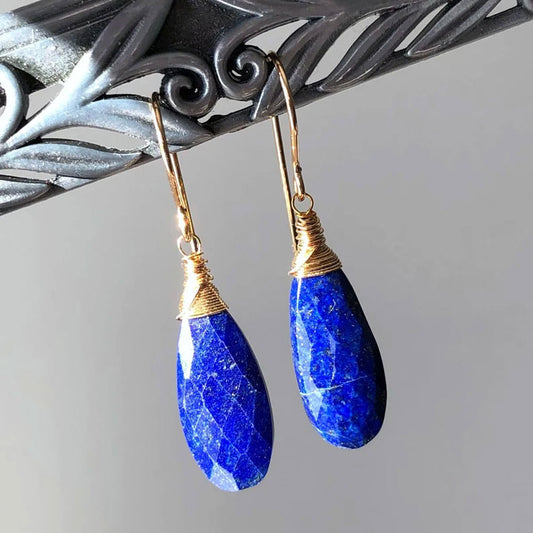 Lapis Lazuli Gold Plated Wire Wrapped Drop Earrings | Handmade