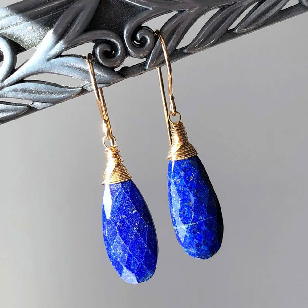 Lapis Lazuli Gold Plated Wire Wrapped Drop Earrings | Handmade