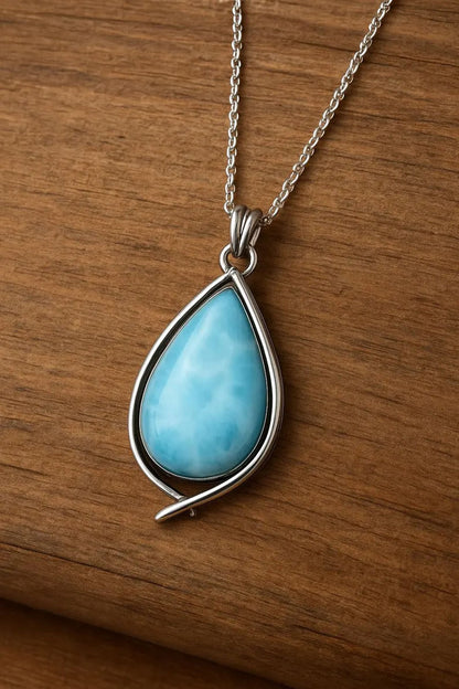 Natural Larimar Gemstone Brass Necklace Pear Shape