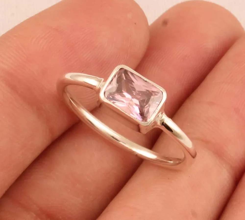Pink Quartz Gems Rectangle Shape Rings 8To10MM Handmade Sterling Silver Ring Bezel Set  For Anniversary Gift Women or Men Jewelry For Her