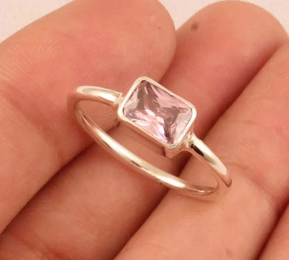 Pink Quartz Gems Rectangle Shape Rings 8To10MM Handmade Sterling Silver Ring Bezel Set  For Anniversary Gift Women or Men Jewelry For Her
