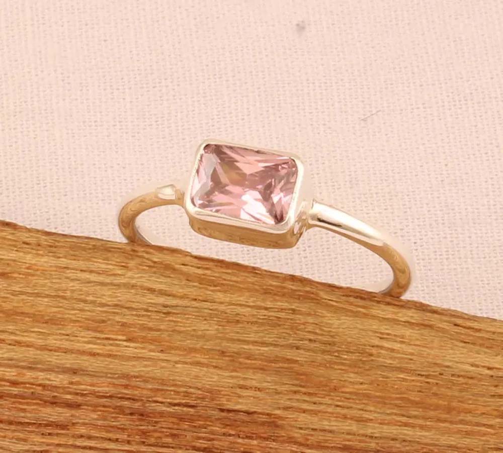 Pink Quartz Gems Rectangle Shape Rings 8To10MM Handmade Sterling Silver Ring Bezel Set  For Anniversary Gift Women or Men Jewelry For Her