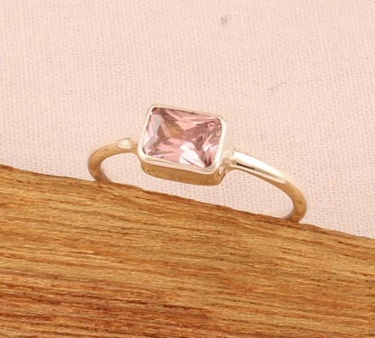 Pink Quartz Gems Rectangle Shape Rings 8To10MM Handmade Sterling Silver Ring Bezel Set  For Anniversary Gift Women or Men Jewelry For Her