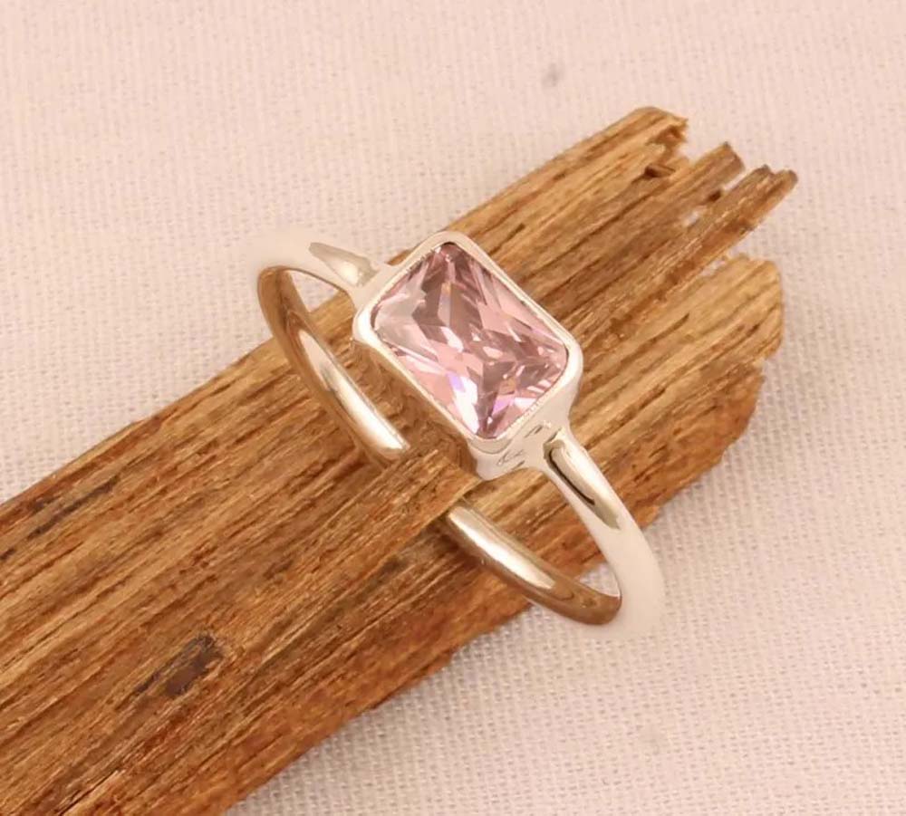 Pink Quartz Gems Rectangle Shape Rings 8To10MM Handmade Sterling Silver Ring Bezel Set  For Anniversary Gift Women or Men Jewelry For Her