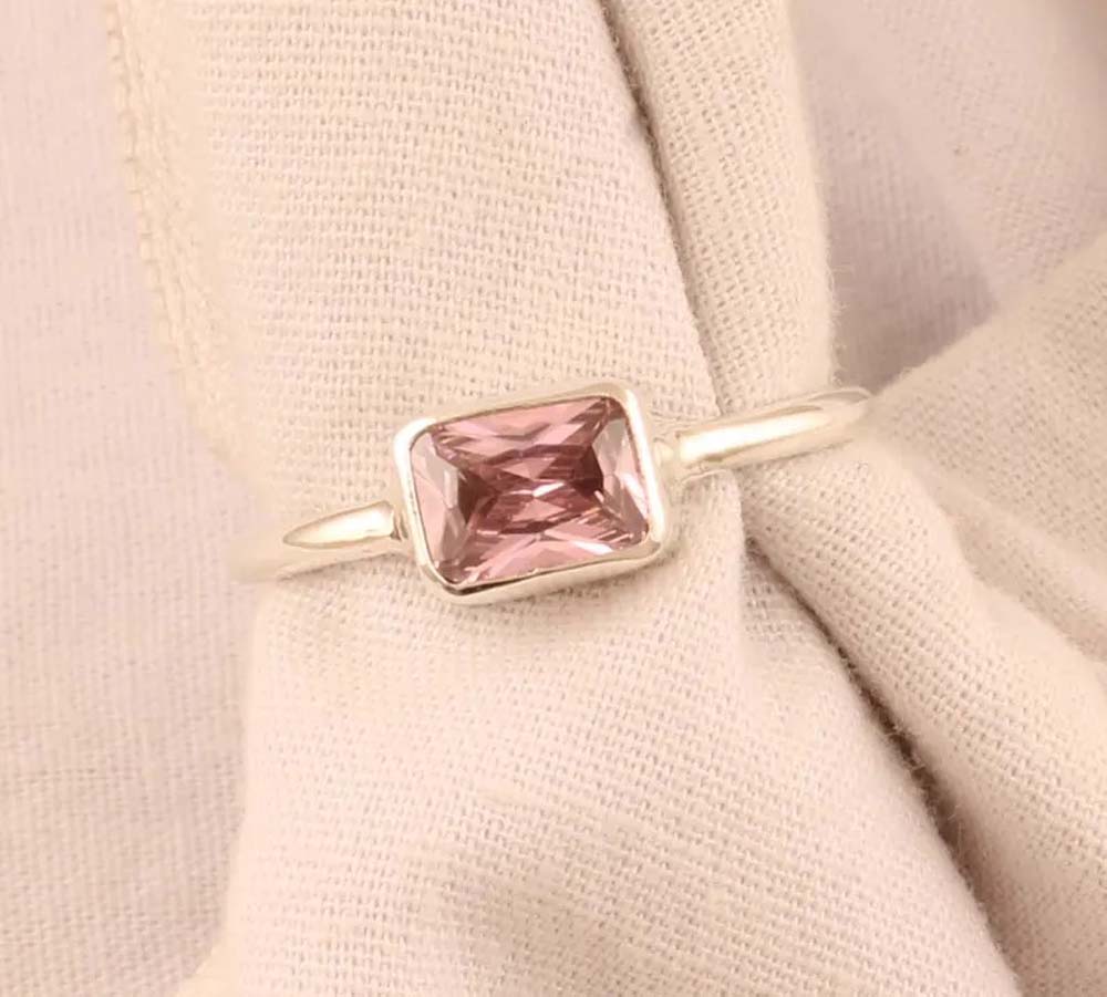 Pink Quartz Gems Rectangle Shape Rings 8To10MM Handmade Sterling Silver Ring Bezel Set  For Anniversary Gift Women or Men Jewelry For Her