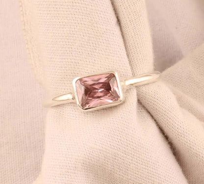 Pink Quartz Gems Rectangle Shape Rings 8To10MM Handmade Sterling Silver Ring Bezel Set  For Anniversary Gift Women or Men Jewelry For Her