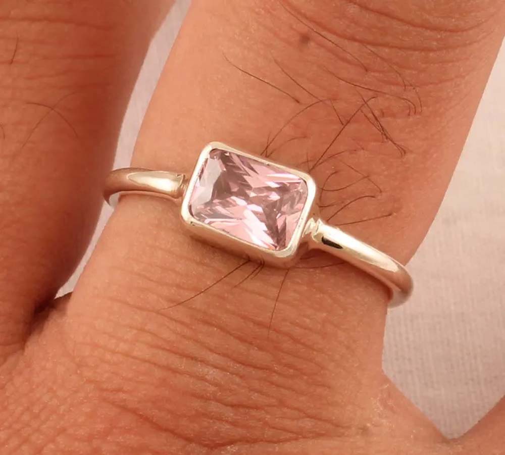 Pink Quartz Gems Rectangle Shape Rings 8To10MM Handmade Sterling Silver Ring Bezel Set  For Anniversary Gift Women or Men Jewelry For Her
