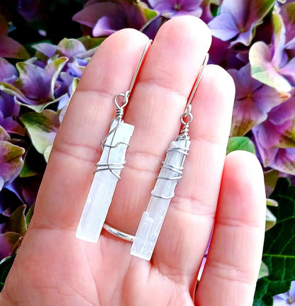 Handmade Metal Wire Wrapped Dangle Pair Earrings Selenite Gemstone Stone Size 15To20MM Pencil Shape Wire Wrapped Setting Earring Foe Women's Gift Jewelry