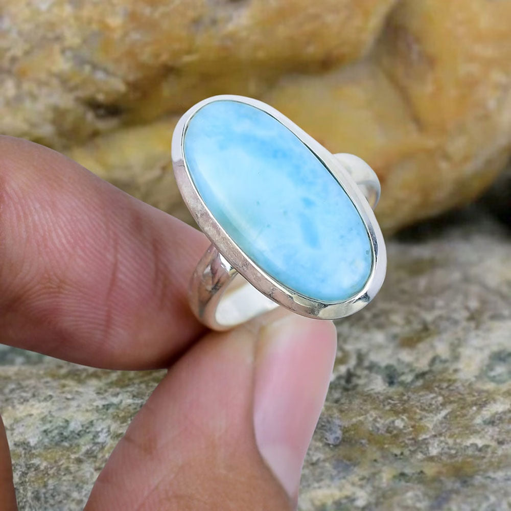 2025 Trendy Crafted By Hand Sterling Silver Rings 10X14MM Oval Shaped Larimar Gemstone Bezel Setting For Anniversary Gift Women or Men Jewelry For Her