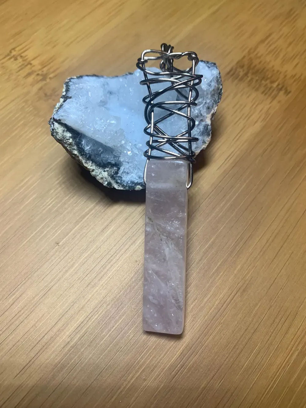 Rose Quartz Bar Pendant | Silver Wire Wrapped Necklace