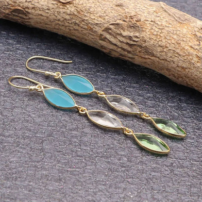 Chalcedony Quartz Multi Stone Gold Plated Long Earrings | Handmade
