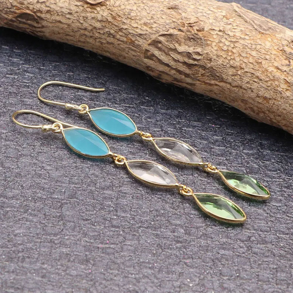 Chalcedony Quartz Multi Stone Gold Plated Long Earrings | Handmade