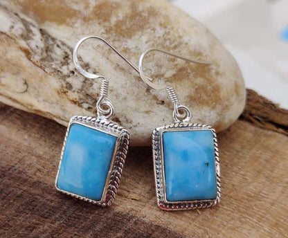 2025 Trendy Crafted By Hand Sterling Silver Pair Earring 8X10MM Rectangle Shaped Larimar Gemstone Bezel Setting For Anniversary Gift Women or Men Jewelry For Her