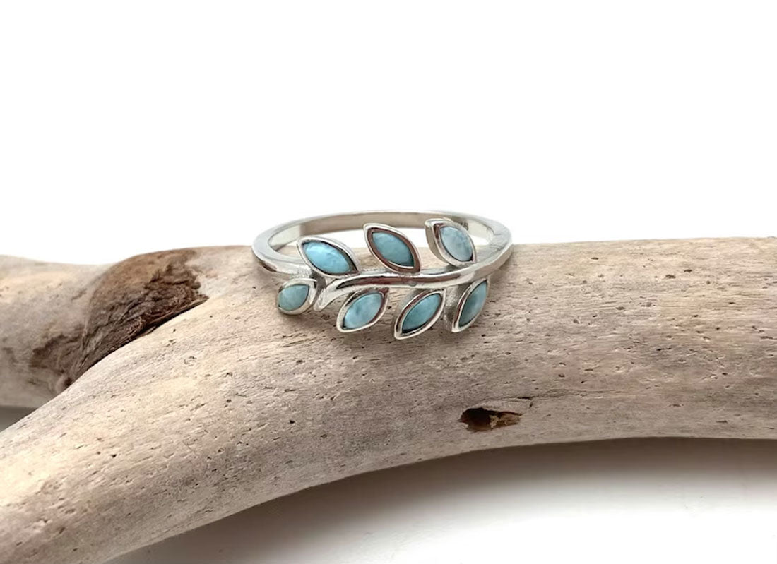 Silver Ring Larimar Gemstone 3x5MM Marquise Bezel Setting