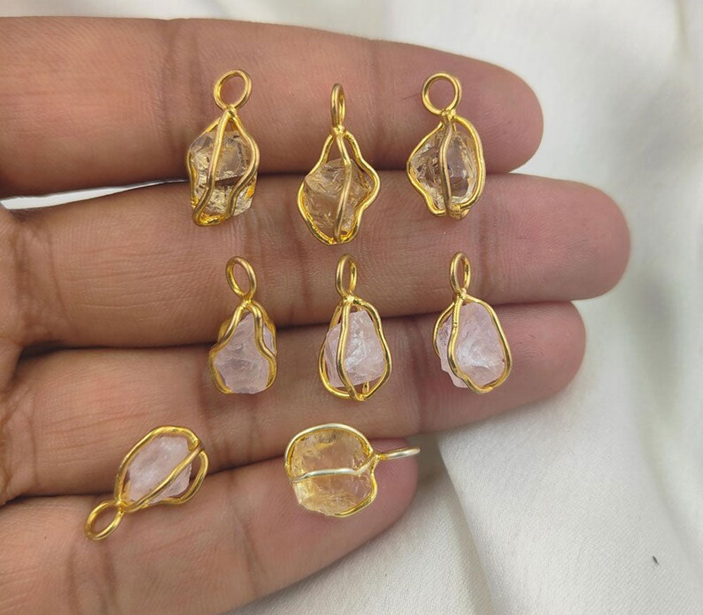 Rose Quartz Raw Stone Pendant | Handmade Brass Crystal Jewelry