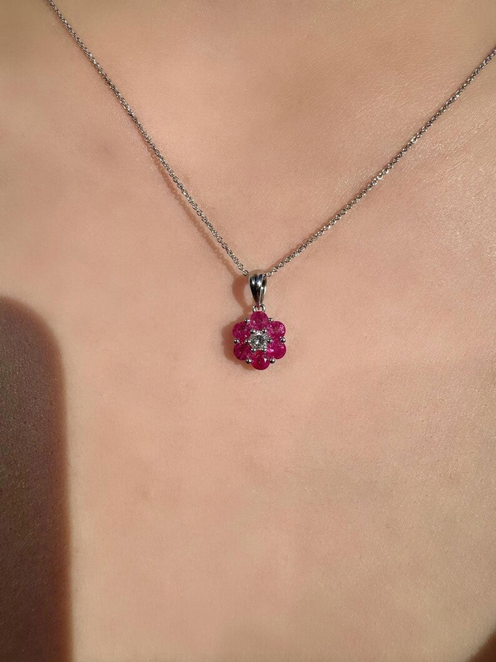 Natural Red Ruby & Diamond Flower Pendant in Solid 14k 18k Gold