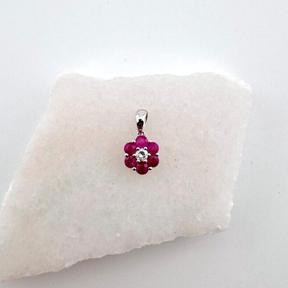 Natural Red Ruby & Diamond Flower Pendant in Solid 14k 18k Gold