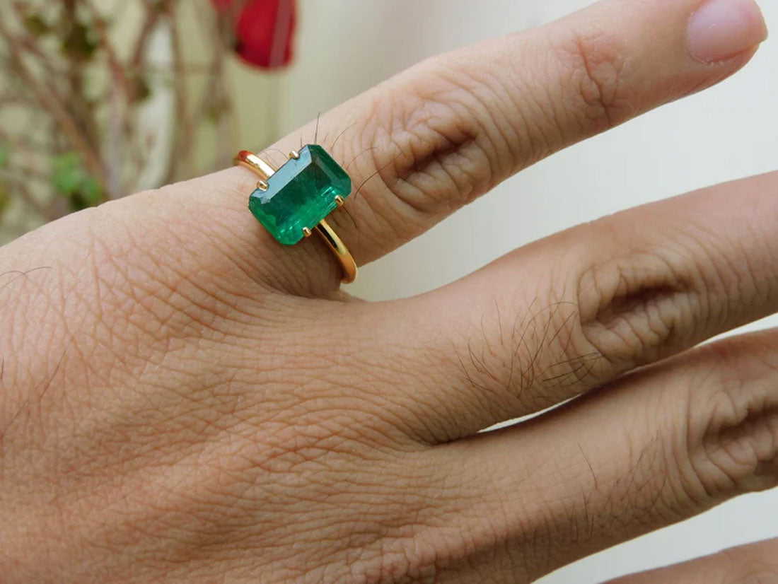 Natural Emerald Gemstone Ring 8x12MM | 925 Silver Prong Set