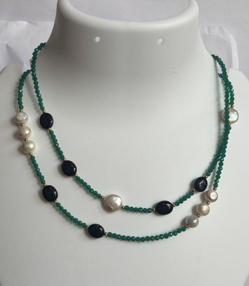 Handmade 10To15mm White Pearl With Black Onyx Uneven Shape Metal Chain Necklace Bezel With Drilled Set Jewelry For Women Gift