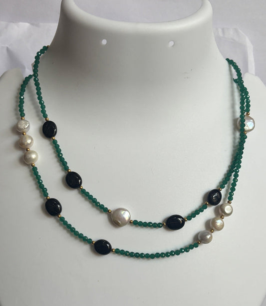 Handmade 10To15mm White Pearl With Black Onyx Uneven Shape Metal Chain Necklace Bezel With Drilled Set Jewelry For Women Gift