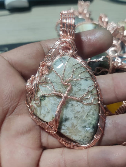 Handmade 30To35MM Uneven Shape Jasper Gemstone Metal Pendant Bezel With Wire Wrapped Tree Set For Happy Birthday Gift For Wife For Her Metal Brass Pendant