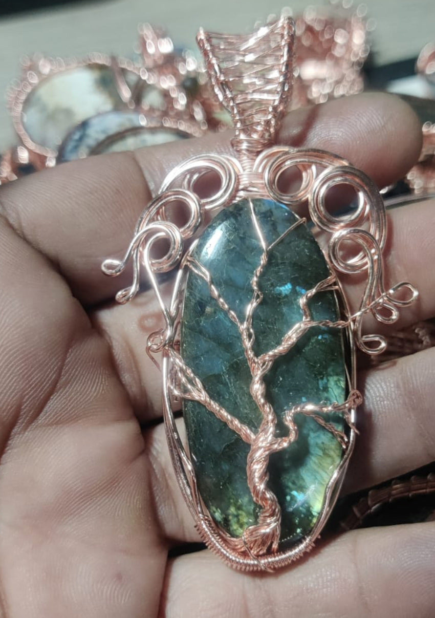 Handmade 30To35MM Oval Shape Labradorite Gemstone Metal Pendant Bezel With Wire Wrapped Tree Set For Happy Birthday Gift For Wife For Her Metal Brass Pendant
