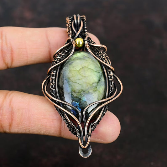 Trendy Handmade Copper Bezel With Wire Wrapped Pendant Round Shape 25To30MM Labradorite Gemstone Pendant For Happy Birthday Gift's