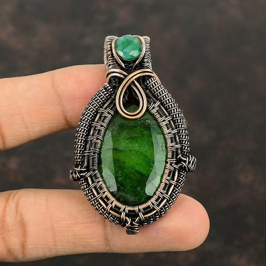 Trendy Handmade Copper Bezel With Wire Wrapped Pendant Oval Shape 25To30MM Emerald Quartz Gemstone Pendant For Happy Birthday Gift's