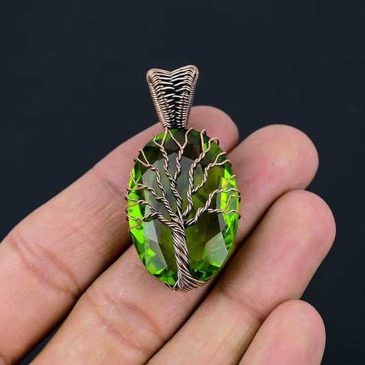 Trendy Handmade Copper Bezel With Tree Wire Wrapped Pendant Oval Shape 25To30MM Paridot Quartz Gemstone Pendant For Happy Birthday Gift's