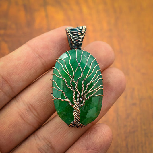 Trendy Handmade Copper Bezel With Tree Wire Wrapped Pendant Oval Shape 25To30MM Emerald Quartz Gemstone Pendant For Happy Birthday Gift's