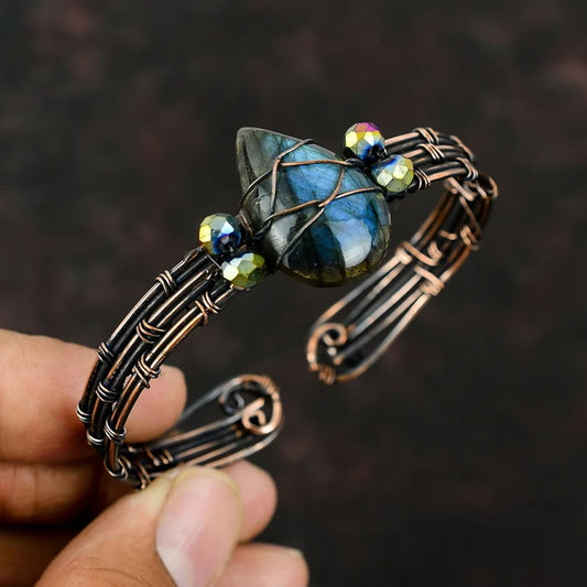 Handmade Pear Shape 20To25MM Copper Adjustable Bracelet Labradorite Stone Bezel With Copper Wire Wrapped Set Fashion Bracelet For Women Gift's