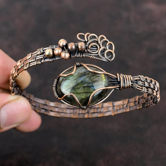 Handmade Oval Shape 20To25MM Copper Adjustable Bracelet Labradorite Stone Bezel With Copper Wire Wrapped Set Fashion Bracelet For Women Gift's