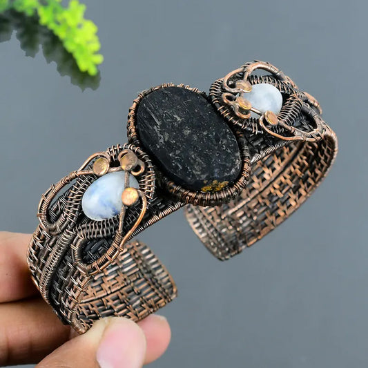Handmade 25t030MM Oval Shape Black Druzy Stone With 10To15MM Rainbow Moonstone Copper Adjustable Bracelet Bezel With Copper Wire Wrapped Set Fashion Bracelet For Women Gift's