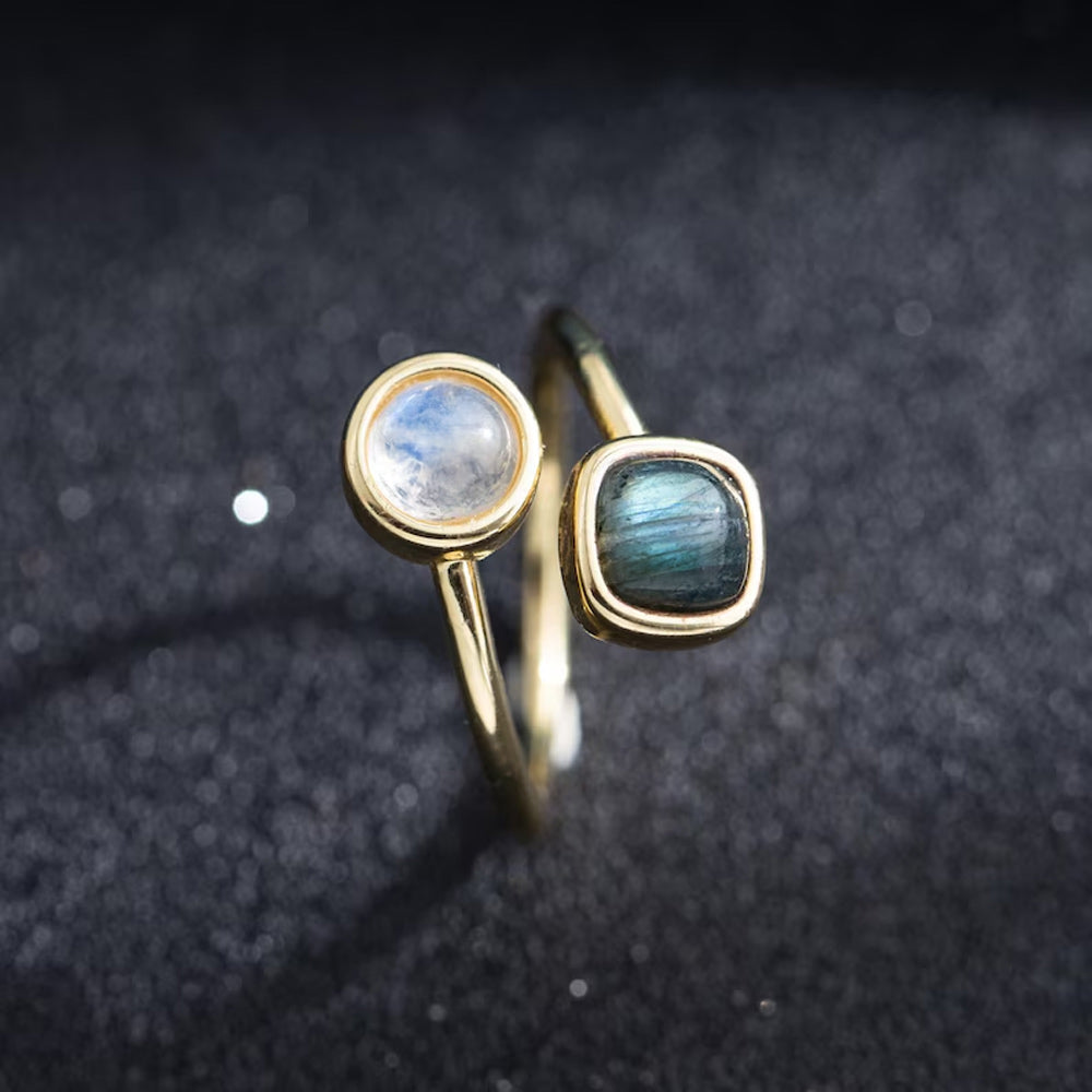 Labradorite or Rainbow Moonstone Gems Round Or Square Shape 8X10MM Approx Rings Handmade Sterling Silver Ring Bezel Set  For Anniversary Gift Women or Men Jewelry For Her