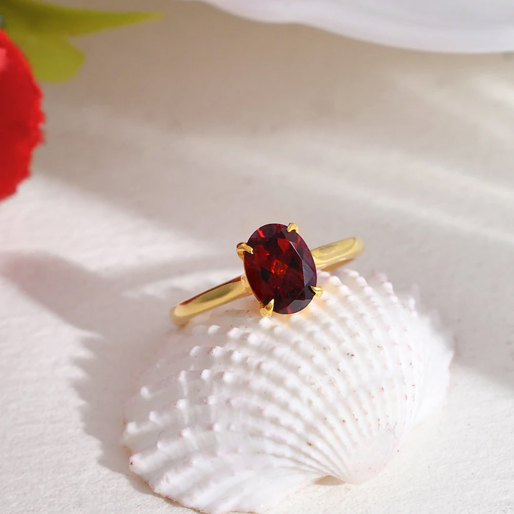 925 Sterling Silver Gold Plated Gemstone Rings Handmade Garnet Cut Stone Oval Shape Prong Set Ring For Her Jewelry