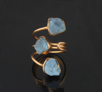 925 Sterling Silver Gold Plated Gemstone Rings 8X12MM Handmade Aquamarine Stone Raw Shape Bezel Set Ring For Her Jewelry