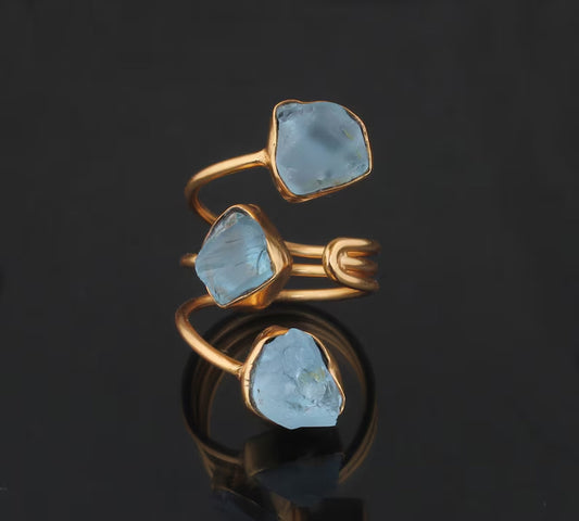 925 Sterling Silver Gold Plated Gemstone Rings 8X12MM Handmade Aquamarine Stone Raw Shape Bezel Set Ring For Her Jewelry