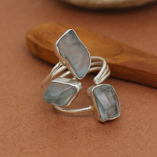 925 Sterling Silver Gold Plated Gemstone Rings Three Stone Ring 8X12MM Handmade Aquamarine Stone Raw Shape Bezel Set Ring For Her Jewelry