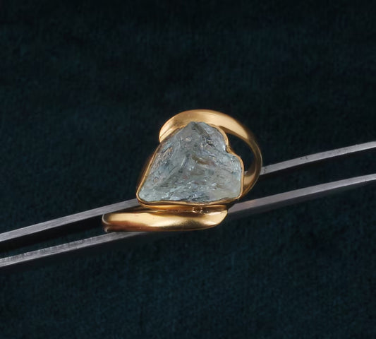 925 Sterling Silver Gold Plated Gemstone Rings 8To12MM Handmade Aquamarine Stone Raw Shape Bezel Set Ring For Her Jewelry