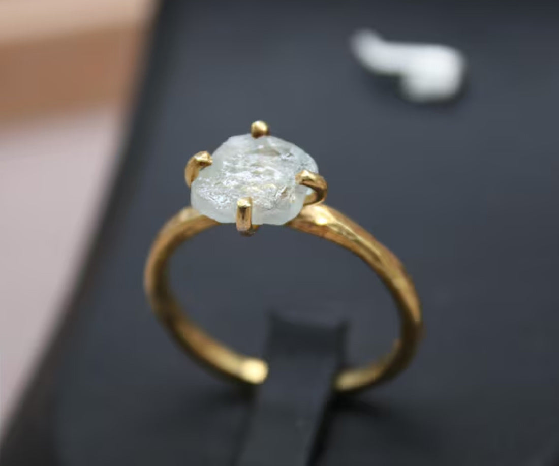 925 Sterling Silver Gold Plated Gems Rings 8To10MM Handmade White Druzy Stone Raw Shape Prong Set Ring For Her Jewelry