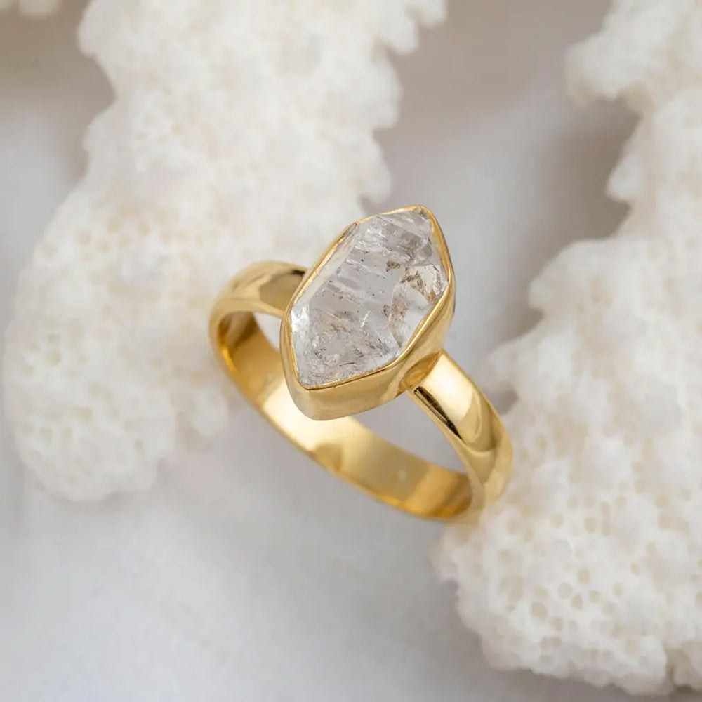 Trendy 925 Sterling Silver Gold Plated Gems Rings 8To10MM Handmade Herkimer Raw Stone Raw Shape Bezel Set Ring For Her Jewelry