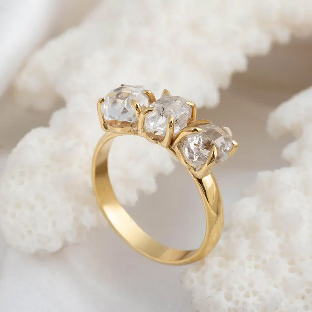 Trendy 925 Sterling Silver Gold Plated Gems Rings 8To10MM Handmade Harkimar Stone Diamond Stone Shape Bezel Set Ring For Her Jewelry