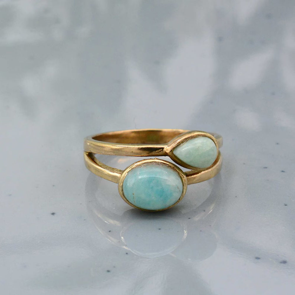 925 Sterling Silver Gold Plated Gemstone Rings Handmade Amazonite Stone Oval With Pear Shape Bezel Set Ring For Her Jewelry